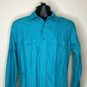 Wrangler western with pearl snaps.